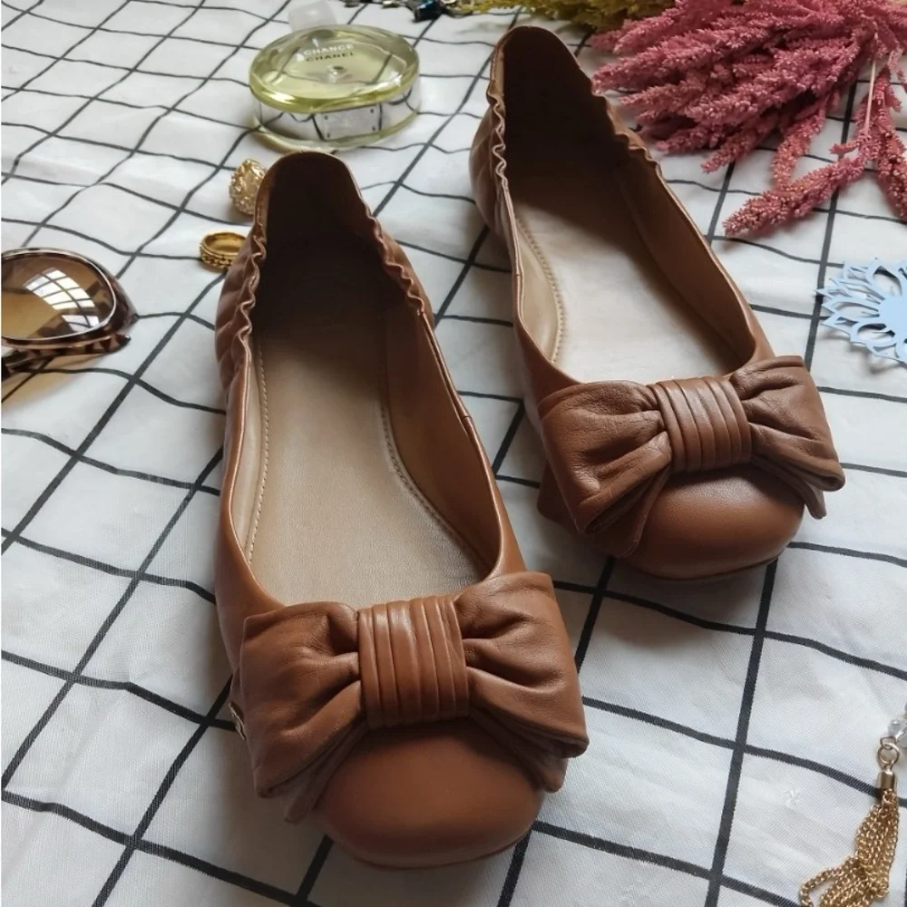 Tory Burch Royal Tan Nappa Leather Divine Bow Driver Ballet Flats